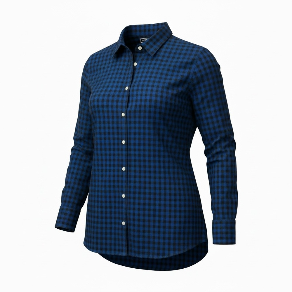 Lands' End No Iron Supima Shirt Women's Size 12 Tall Blue Black Gingham Plaid
